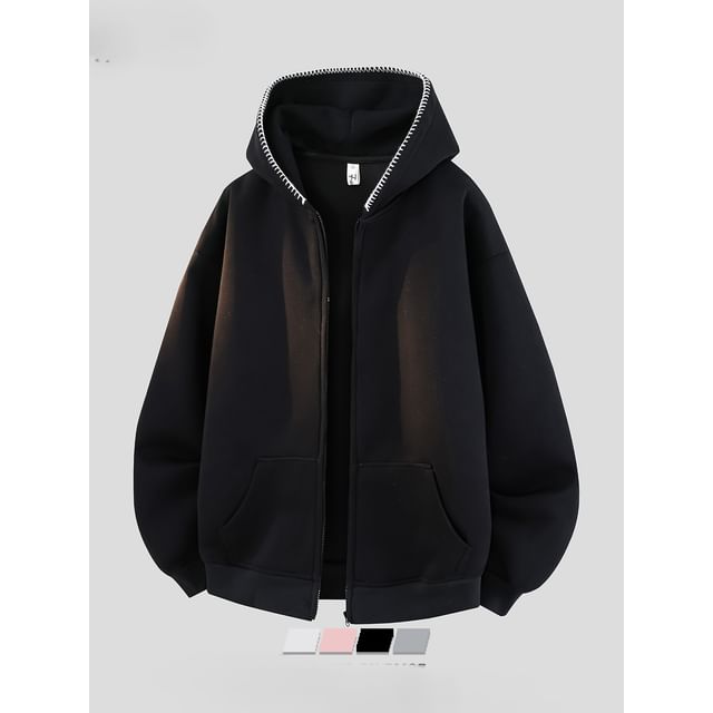 Real Boy-Contrast Stitch Zip Hoodie