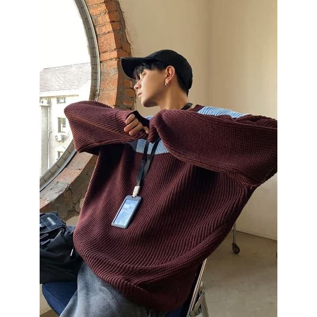 Real Boy-Crew Neck Striped Ribbed Knit Sweater