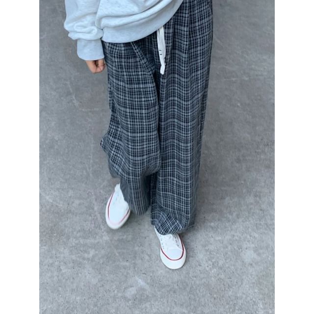 Real Boy-Drawstring Waist Plaid Wide Leg Sweatpants