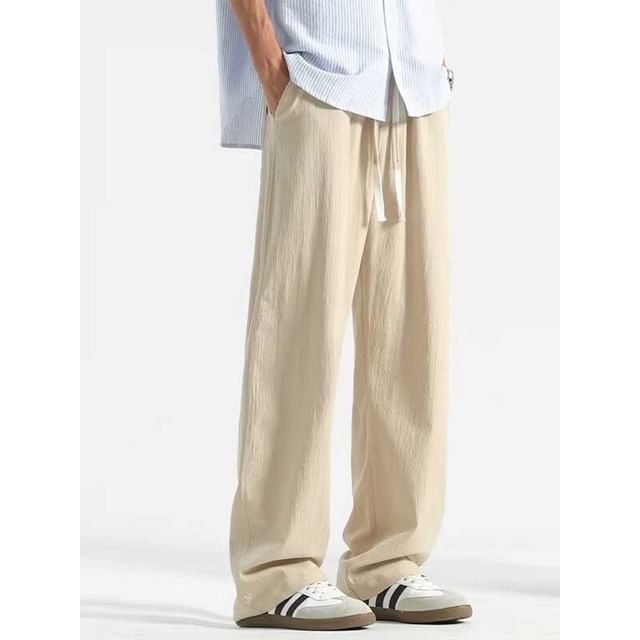Real Boy-Drawstring Waist Plain Wide Leg Pants