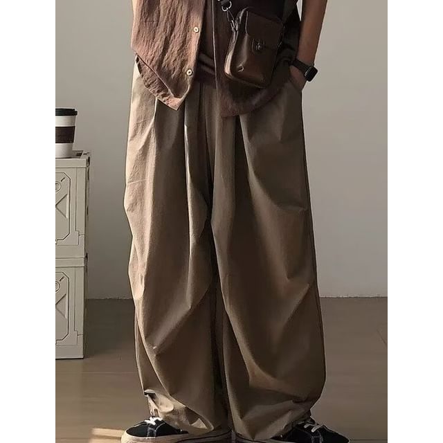 Real Boy-Drawstring Waist Plain Wide Leg Pants
