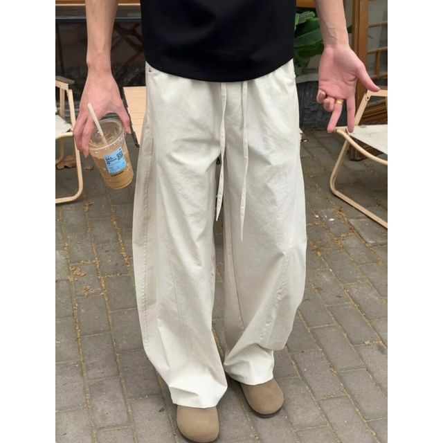Real Boy-Drawstring Waist Plain Wide Leg Pants