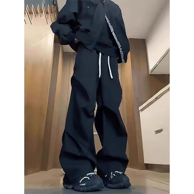 Real Boy-Drawstring Waist Plain Wide Leg Pants