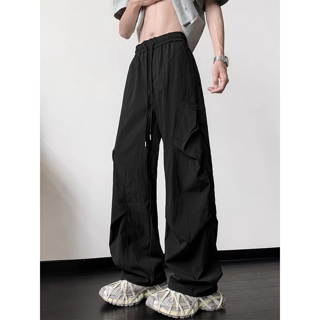 Real Boy-Drawstring Waist Plain Wide Leg Pants