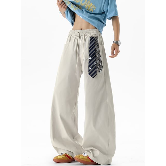 Real Boy-Drawstring Waist Plain Wide Leg Pants