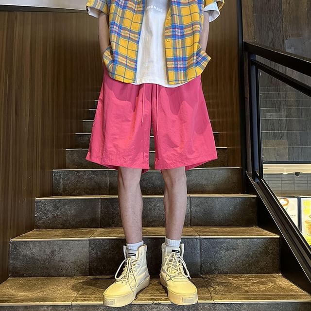 Real Boy-Drawstring Waist Plain Wide Leg Shorts