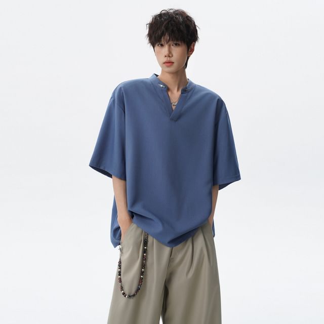 Real Boy-Elbow-Sleeve Notched Plain T-Shirt