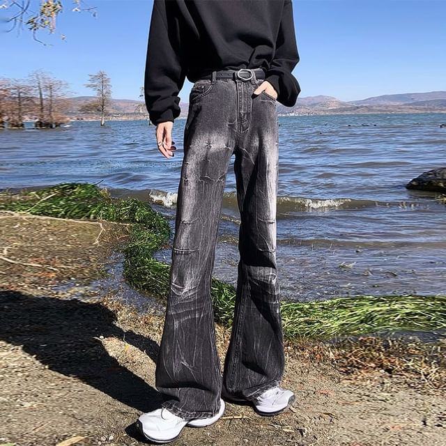 Real Boy-High Waist Washed Distressed Flared Jeans