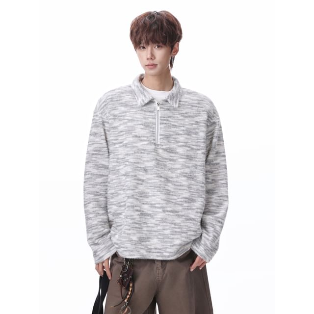Real Boy-Long Sleeve Collared Melange Half Zip Knit Top