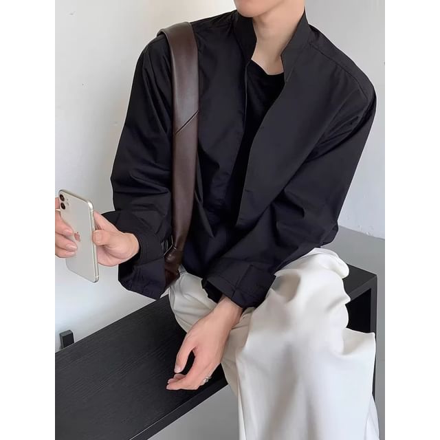 Real Boy-Long-Sleeve Collared Plain Button Up Shirt