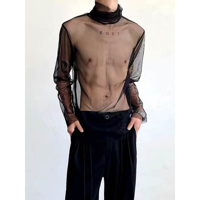 Real Boy-Long-Sleeve Mock Neck Plain Sheer Top