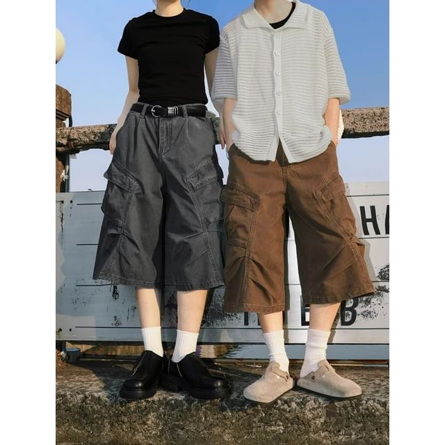 Real Boy-Mid Rise Plain Cargo Wide Leg Jorts