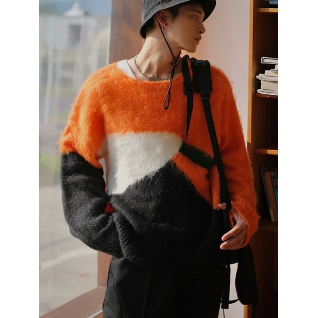 Real Boy-Round Neck Color Block Fluffy Sweater