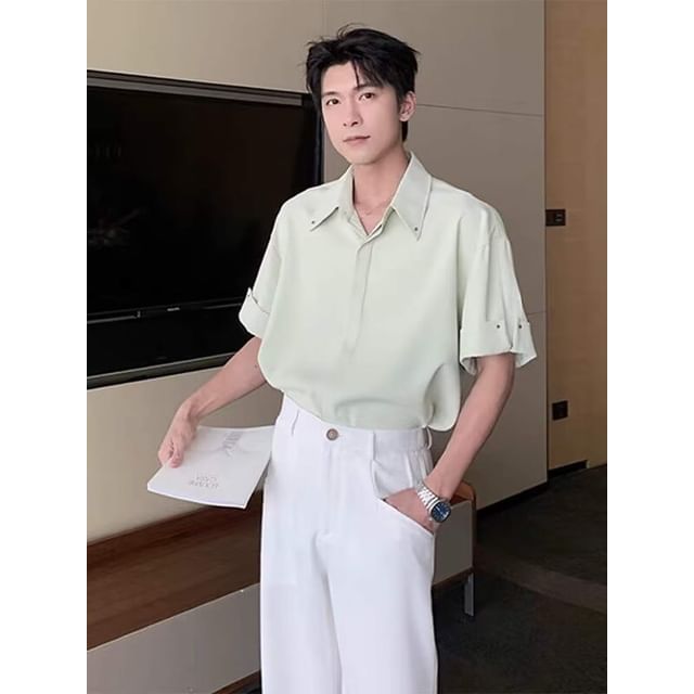 Real Boy-Short-Sleeve Collared Button Up Shirt