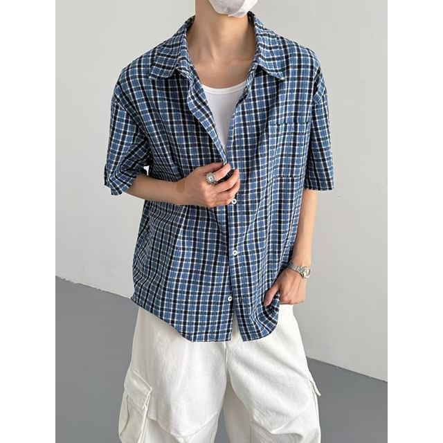 Real Boy-Short-Sleeve Collared Plaid Button Up Shirt