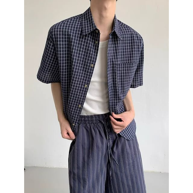 Real Boy-Short-Sleeve Collared Plaid Button Up Shirt