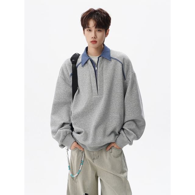 Real Boy-Two Tone Panel Half Zip Polo Sweatshirt