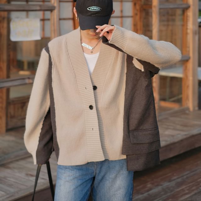 Real Boy-V-Neck Two Tone Oversized Button Up Cardigan