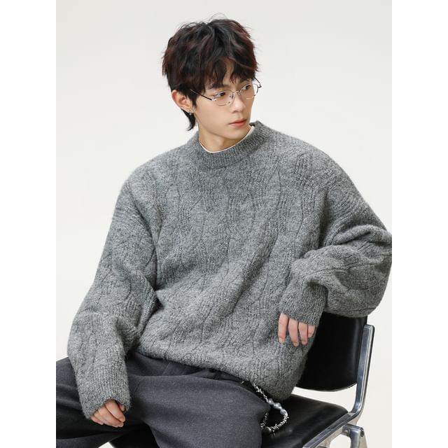 Really Point-Crew Neck Plain Cable Knit Sweater