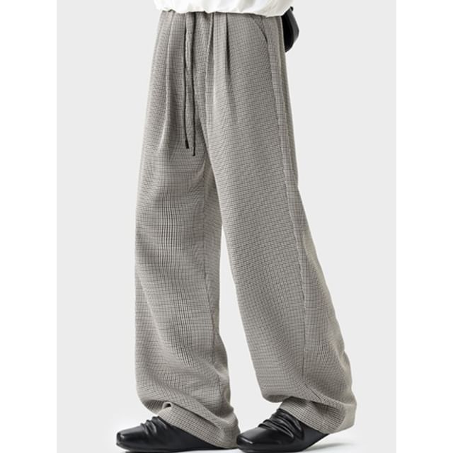 Really Point-Drawstring Waist Houndstooth Wide Leg Pants