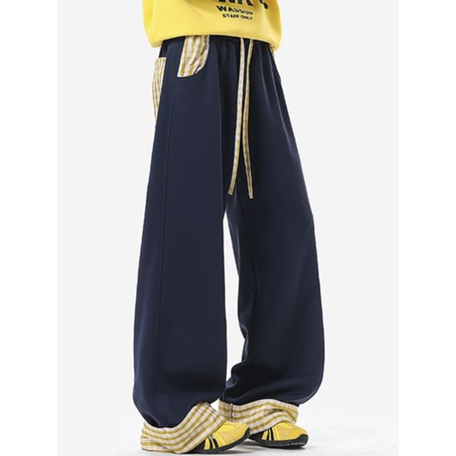 Really Point-Drawstring Waist Plaid Panel Wide Leg Pants