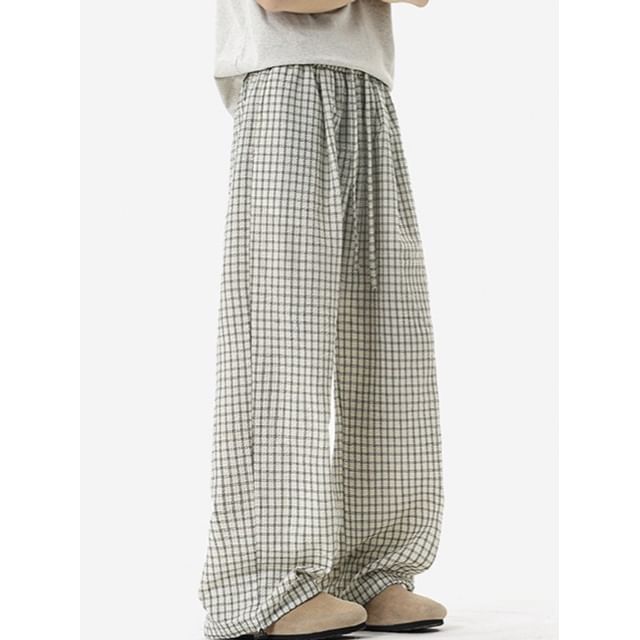 Really Point-Drawstring Waist Plaid Wide Leg Pants