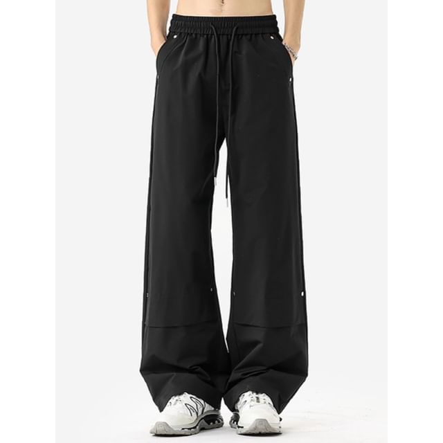 Really Point-Drawstring Waist Plain Studded Wide Leg Pants