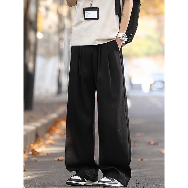 Really Point-Drawstring Waist Plain Wide Leg Pants
