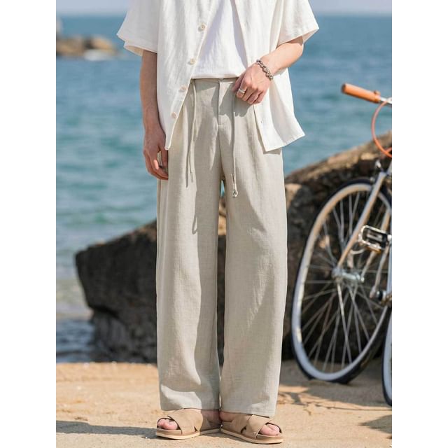 Really Point-Drawstring Waist Plain Wide Leg Pants