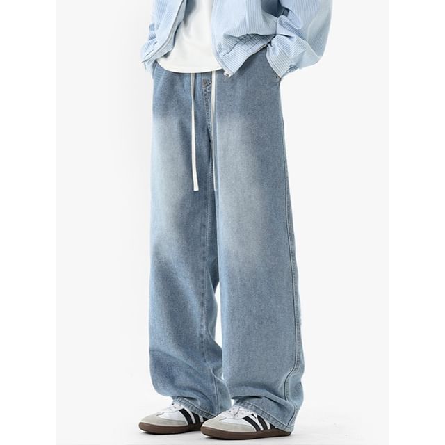 Really Point-Drawstring Waist Washed Loose Fit Jeans