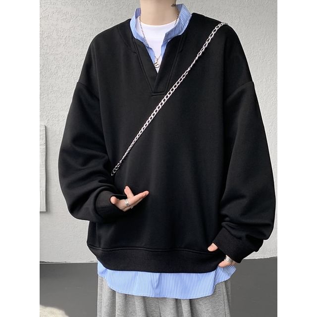 Really Point-Mock Two-Piece Stand Collar Striped Panel Sweatshirt