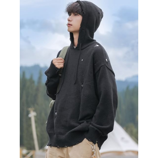 Really Point-Plain Distressed Hooded Sweater