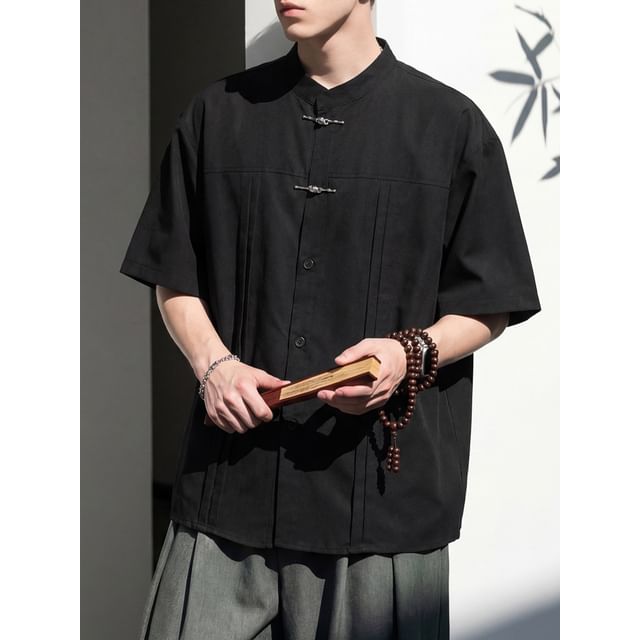 Really Point-Short-Sleeve Band Collar Button Up Shirt