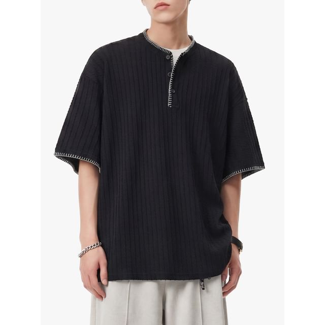 Really Point-Short-Sleeve Henley Neck Stitching Knit Top