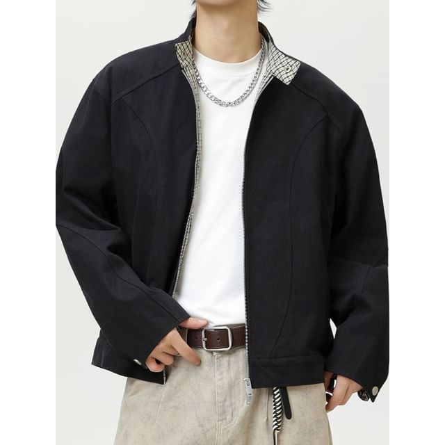 Really Point-Stand Collar Plaid Lining Panel Zip Jacket