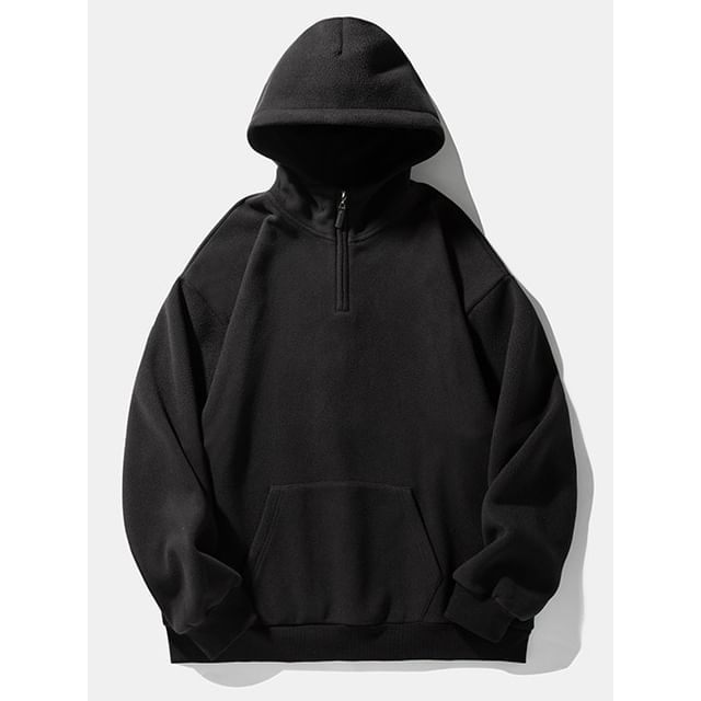 Really Point-Stand Collar Plain Half Zip Fleece Hoodie