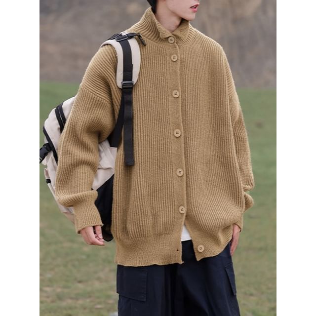 Really Point-Stand Collar Plain Ribbed Oversized Cardigan