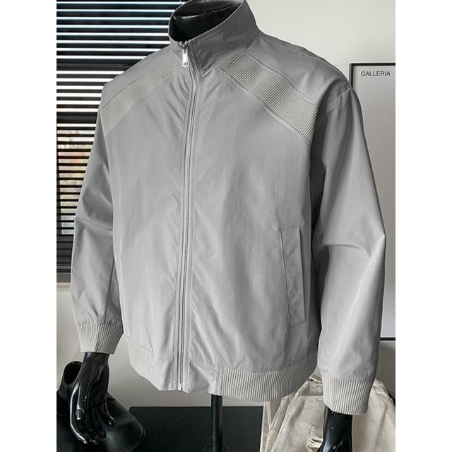 Really Point-Stand Collar Ribbed Zip-Up Plain Jacket
