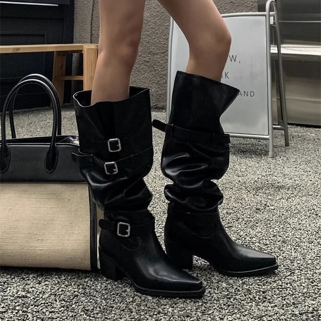 Red Wolf-Block Heel Plain Buckled Tall Boots
