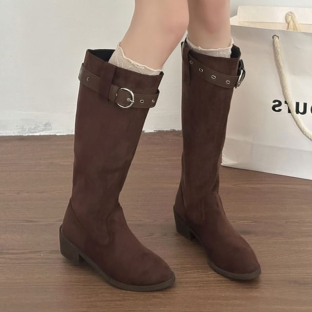Red Wolf-Buckled Chunky Heel Tall Boots