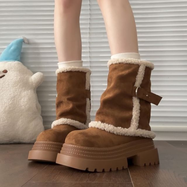 Red Wolf-Buckled Fleece-Lined Platform Short Boots