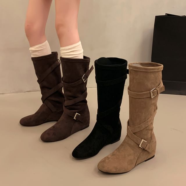 Red Wolf-Buckled Hidden Wedge Tall Boots