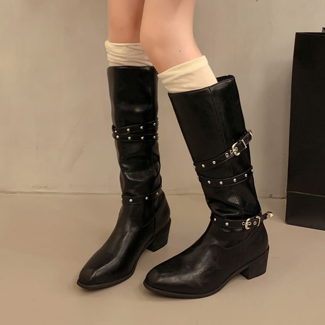 Red Wolf-Buckled Studded Chunky Heel Tall Boots