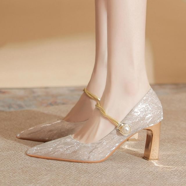 Red Wolf-Faux Pearl Pointed Toe Glitter Pumps