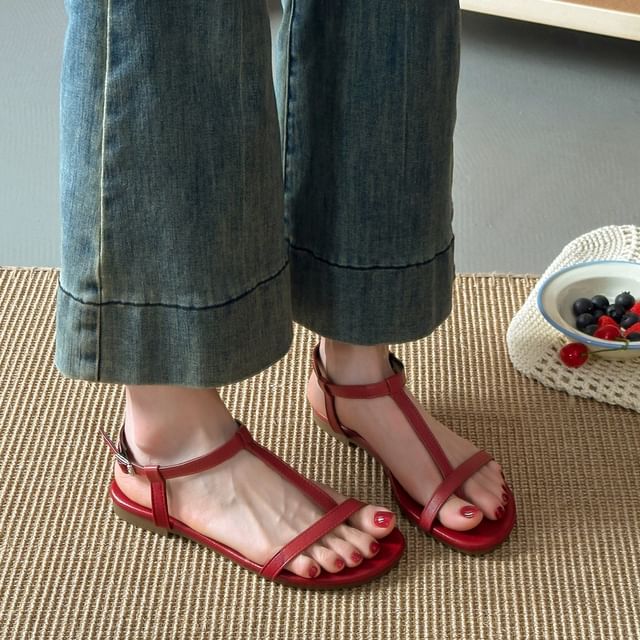 Red Wolf-Plain T-Strap Flat Sandals