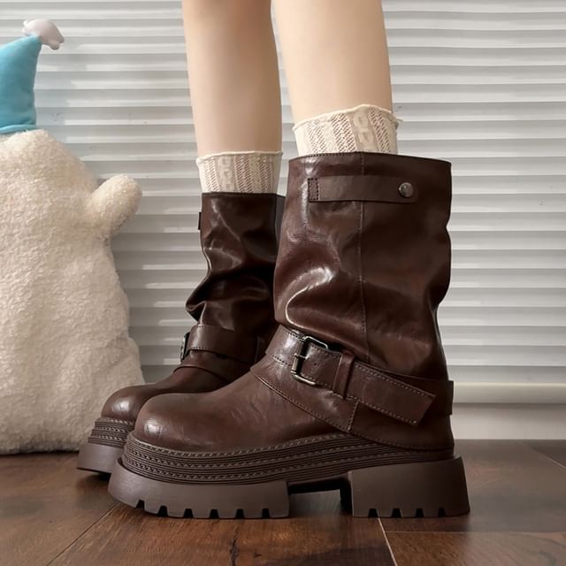 Red Wolf-Platform Plain Buckled Faux Leather Short Boots