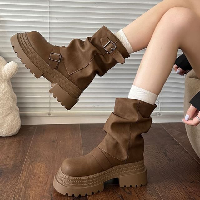 Red Wolf-Platform Plain Buckled Mid-Calf Boots