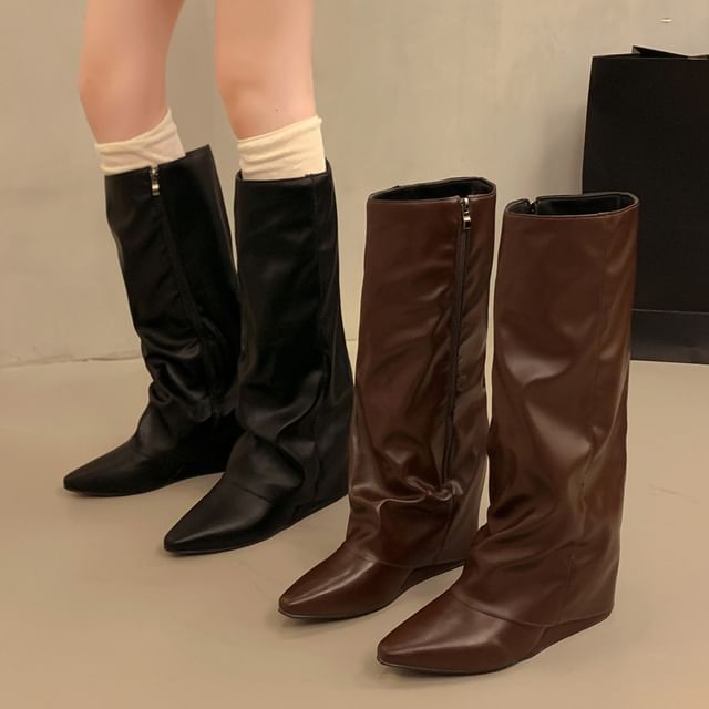 Red Wolf-Pointed Toe Hidden Wedge Tall Boots