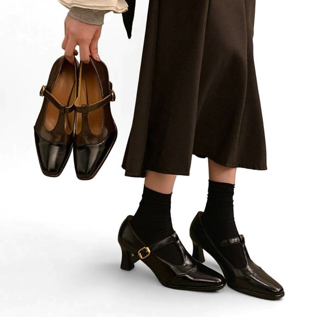 Red Wolf-Square Cap Toe T-Strap Mary Jane Pumps