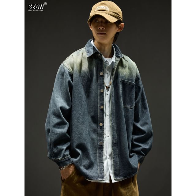 Redsinc-Collared Gradient Washed Button-Up Denim Jacket